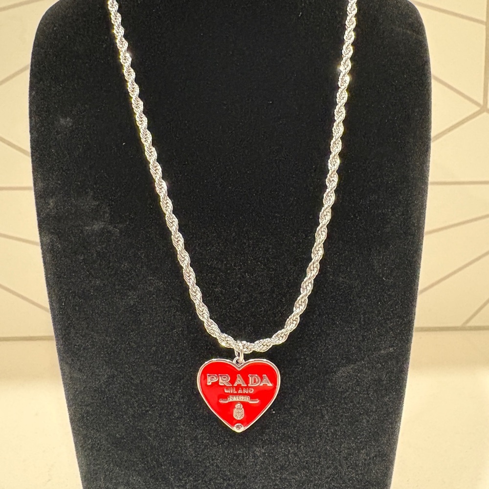 Prada Red Enamel Heart Pendant Necklace with Silver-Tone Rope Chain - Picture 2 of 4
